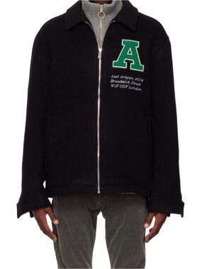 Axel Arigato Black Zip-Up Varsity Jacket with Green 'A' Patch